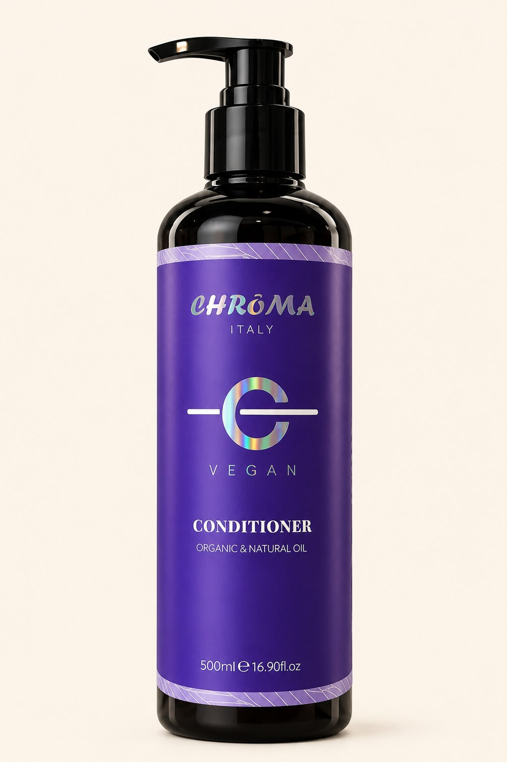 A 500ml pump bottle of Chroma Italy Vegan Conditioner, featuring a purple label and black dispenser, set against a solid cream background.