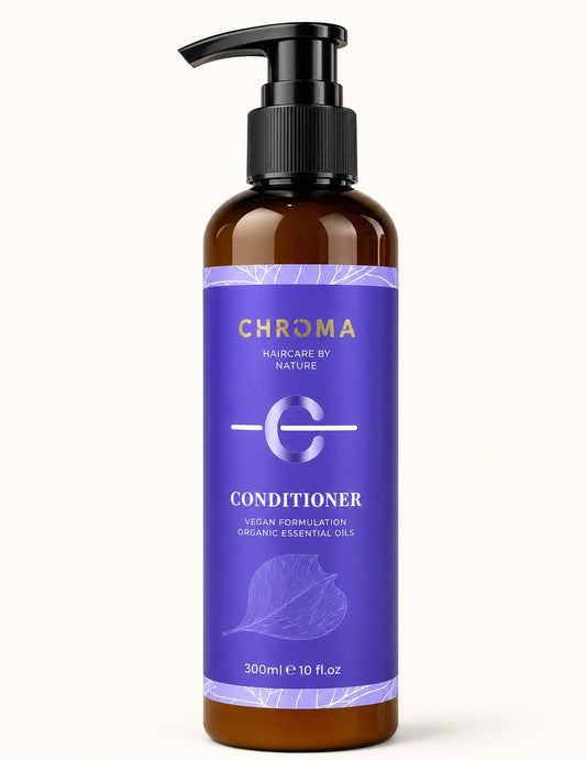 Chroma conditioner in an amber bottle with a black pump and purple label, 300 mL