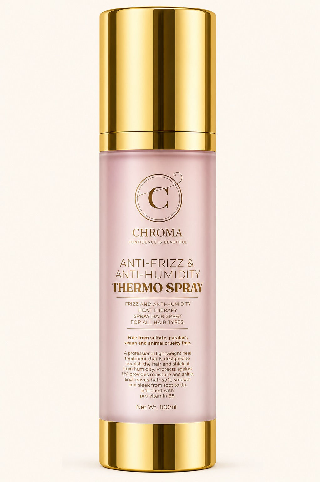 Chroma thermal protection spray in a pink bottle with a gold cap, labeled Anti-Frizz and Anti-Humidity Thermo Spray, 100 mL