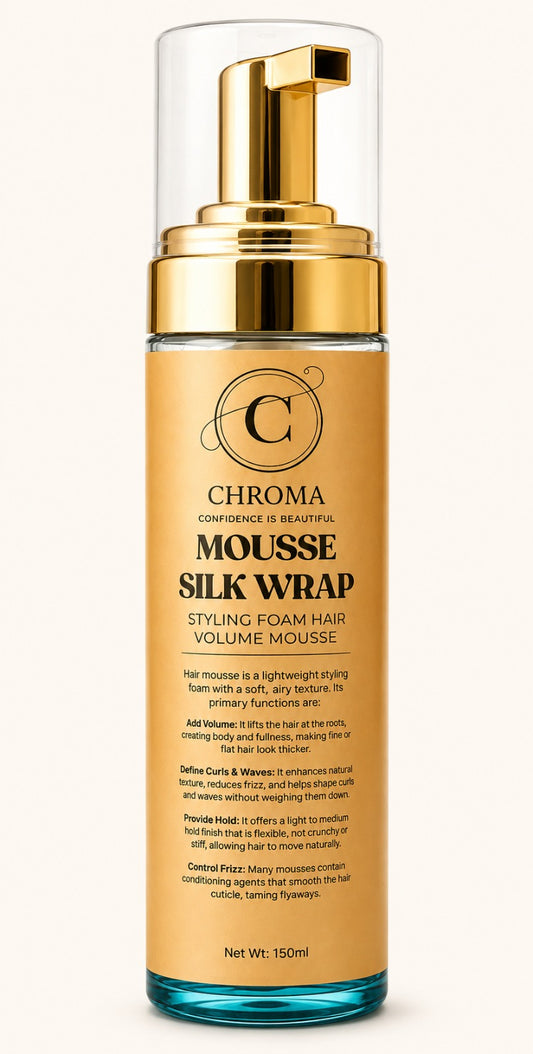 Chroma Mousse Silk Wrap styling foam in a gold-labeled bottle with a gold pump and clear cap, 150 mL