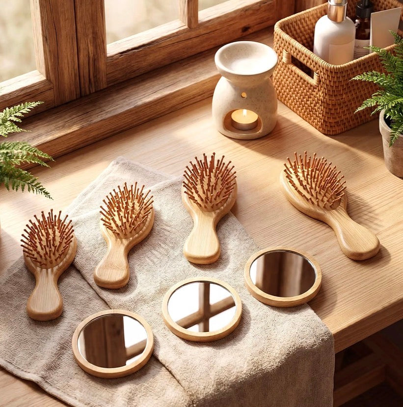 🌿 Bamboo Hairbrush & Mirror Combo