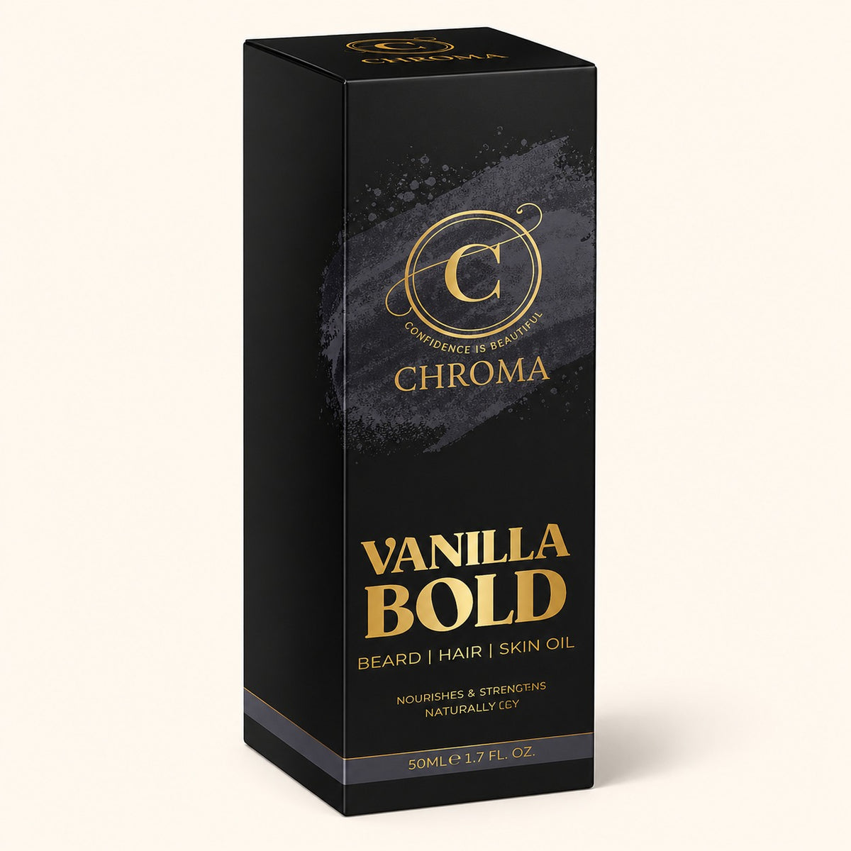 Chroma Vanilla Bold beard hair and skin oil in a black box with gold lettering, 50 mL