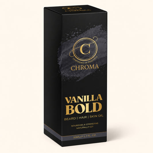 Chroma Vanilla Bold beard hair and skin oil in a black box with gold lettering, 50 mL