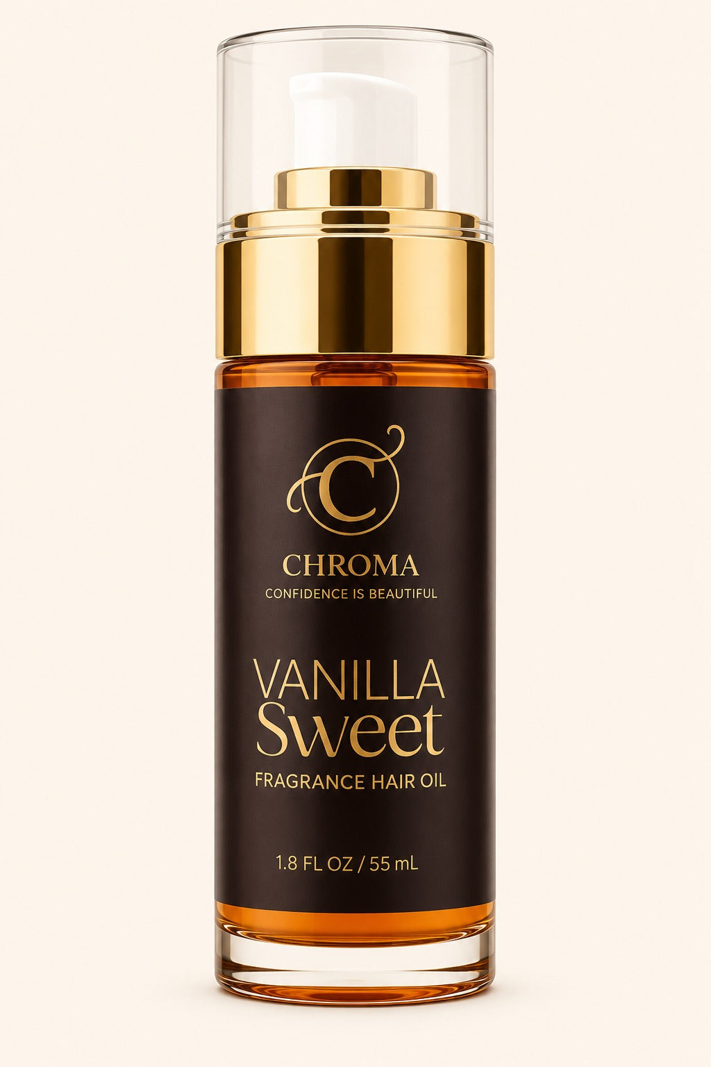 Chroma Vanilla Sweet vanilla fragrance hair oil in a clear bottle with a gold pump and black label, 55 mL